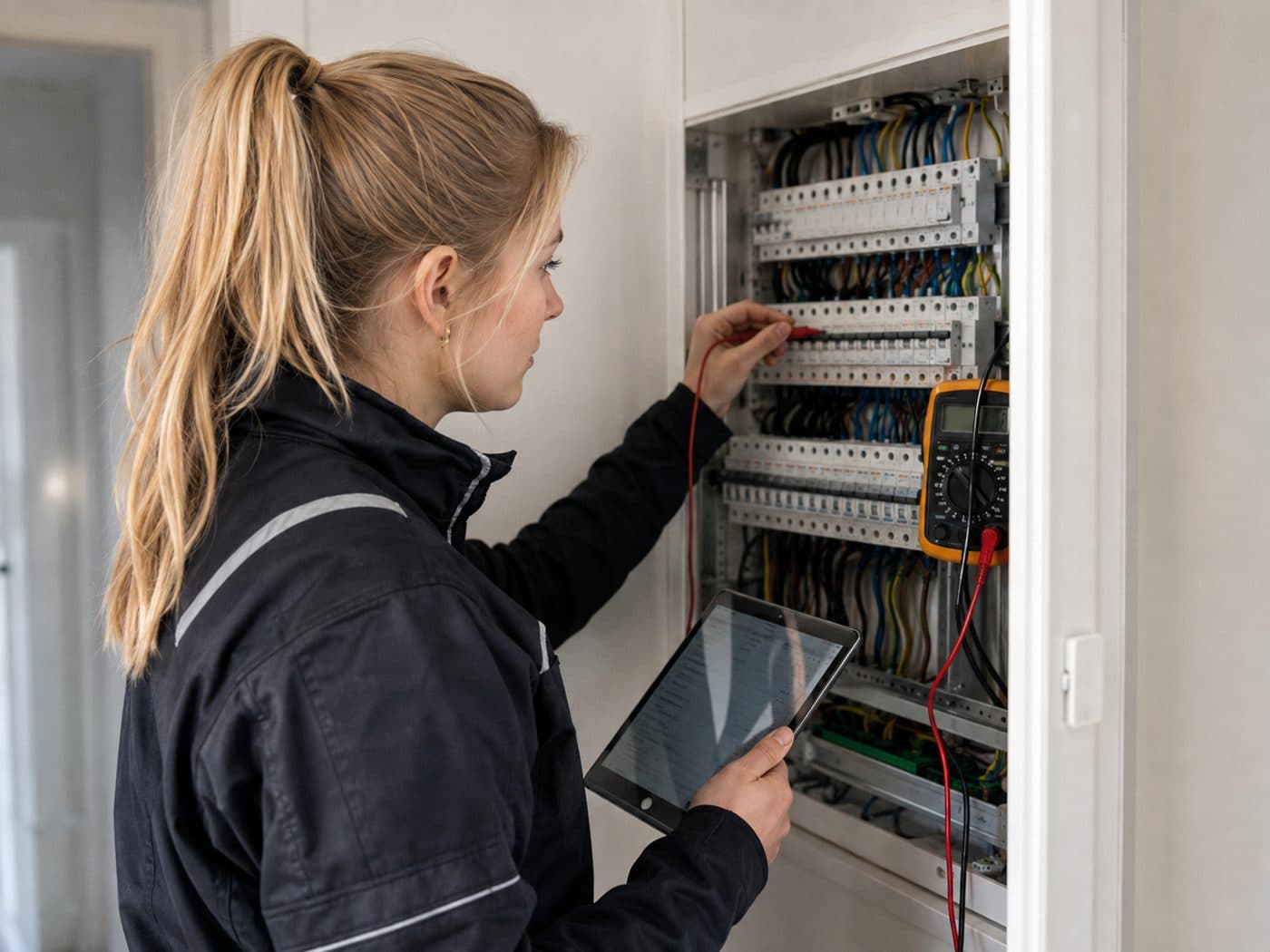 Elektriker måler i et sikringsskap med nettbrett i hånden