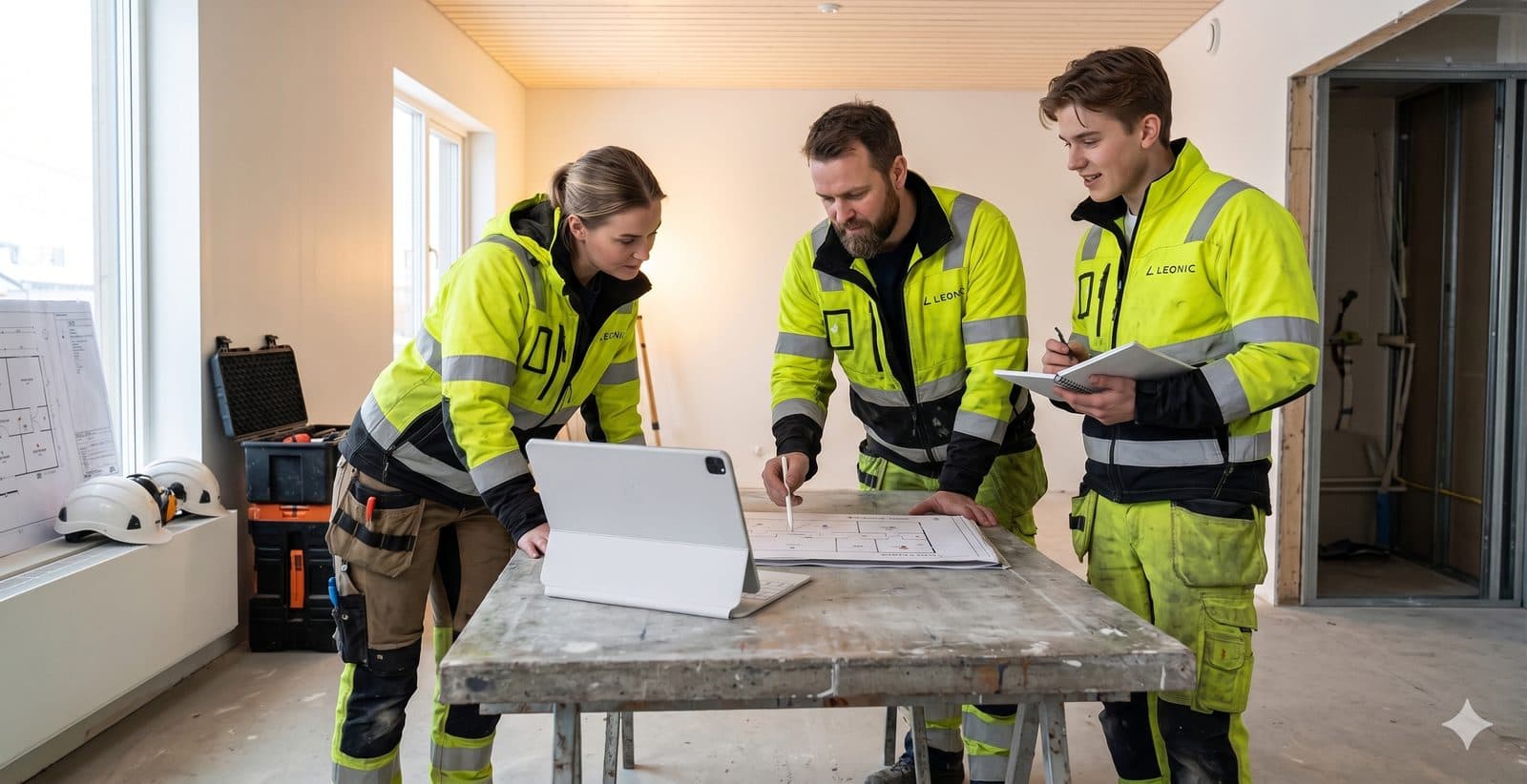 Håndverkere ser på en tegning i felt